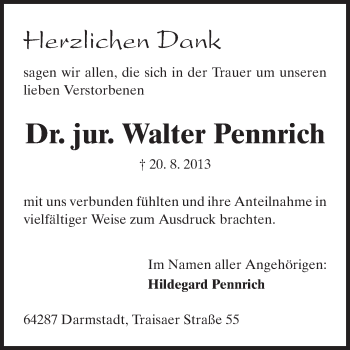 Traueranzeige von Walter Pennrich von Echo-Zeitungen (Gesamtausgabe)
