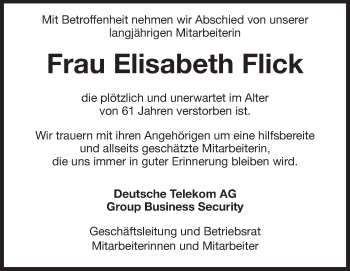 Traueranzeige von Elisabeth Flick von Echo-Zeitungen (Gesamtausgabe)