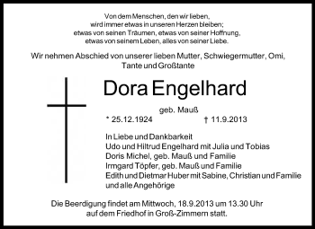 Traueranzeige von Dora Engelhard von Echo-Zeitungen (Gesamtausgabe)