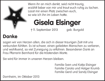 Traueranzeige von Gisela Elsinger von Rüsselsheimer Echo, Groß-Gerauer-Echo, Ried Echo