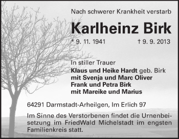 Traueranzeige von Karlheinz Birk von Echo-Zeitungen (Gesamtausgabe)