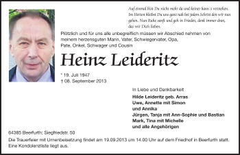 Traueranzeige von Heinz Leideritz von Odenwälder Echo