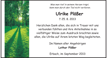 Traueranzeige von Ulrike Plößer von Odenwälder Echo