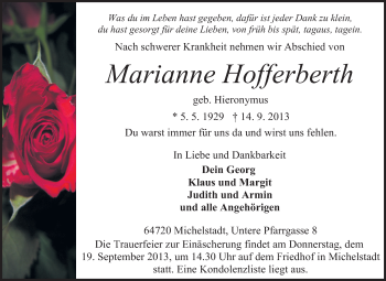 Traueranzeige von Marianne Hofferberth von Odenwälder Echo