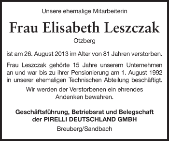 Traueranzeige von Elisabeth Leszczak von Odenwälder Echo