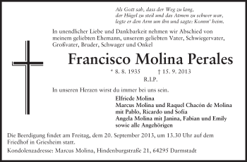 Traueranzeige von Francisco Molina Perales von Echo-Zeitungen (Gesamtausgabe)