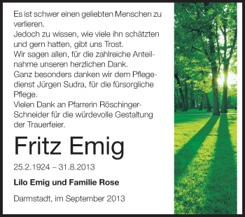 Traueranzeige von Fritz Emig von Echo-Zeitungen (Gesamtausgabe)