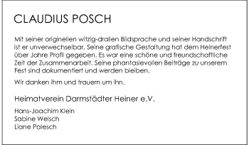 Traueranzeige von Claudius Posch von Echo-Zeitungen (Gesamtausgabe)