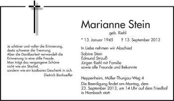 Traueranzeige von Marianne Stein von Starkenburger Echo