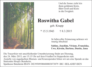 Traueranzeige von Roswitha Gabel von Starkenburger Echo