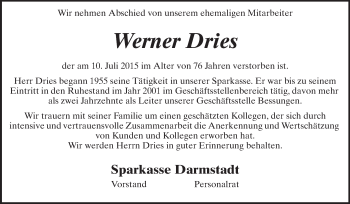 Traueranzeige von Werner Dries von Echo-Zeitungen (Gesamtausgabe)