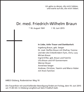 Traueranzeige von Friedrich-Wilhelm Braun von Echo-Zeitungen (Gesamtausgabe)