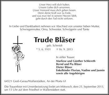 Traueranzeige von Trude Bläser von Rüsselsheimer Echo, Groß-Gerauer-Echo, Ried Echo