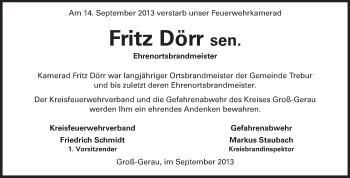 Traueranzeige von Fritz Dörr von Rüsselsheimer Echo, Groß-Gerauer-Echo, Ried Echo