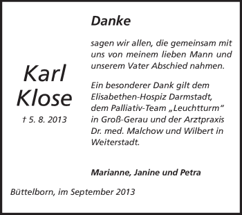 Traueranzeige von Karl Klose von Rüsselsheimer Echo, Groß-Gerauer-Echo, Ried Echo
