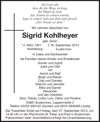 Traueranzeige von Sigrid Kohlheyer von Echo-Zeitungen (Gesamtausgabe)