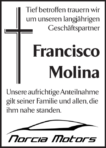 Traueranzeige von Francisco Molina von Echo-Zeitungen (Gesamtausgabe)