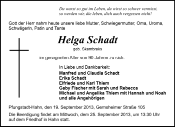 Traueranzeige von Helga Schadt von Echo-Zeitungen (Gesamtausgabe)