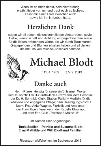 Traueranzeige von Michael Blodt von Rüsselsheimer Echo, Groß-Gerauer-Echo, Ried Echo