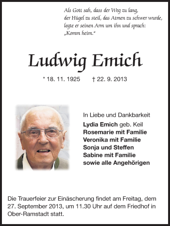 Traueranzeige von Ludwig Emich von Echo-Zeitungen (Gesamtausgabe)
