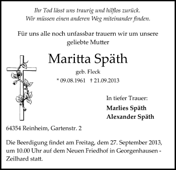 Traueranzeige von Maritta Späth von Echo-Zeitungen (Gesamtausgabe)