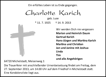 Traueranzeige von Charlotte Karich von Odenwälder Echo