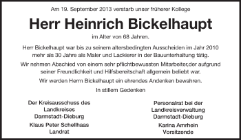 Traueranzeige von Heinrich Bickelhaupt von Echo-Zeitungen (Gesamtausgabe)