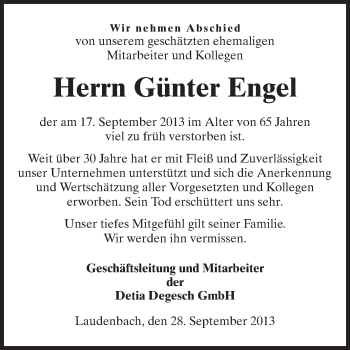 Traueranzeige von Günter Engel von Echo-Zeitungen (Gesamtausgabe)