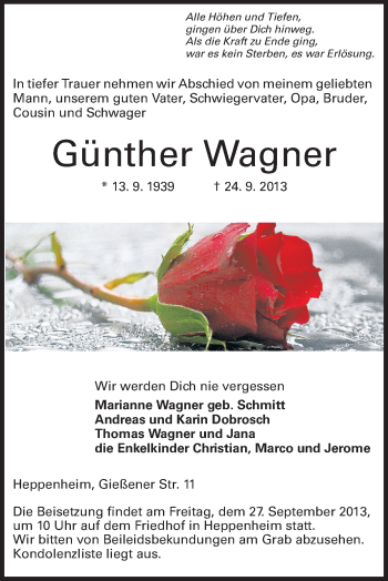 Traueranzeige von Günther Wagner von Starkenburger Echo