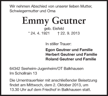 Traueranzeige von Emmy Geutner von Echo-Zeitungen (Gesamtausgabe)