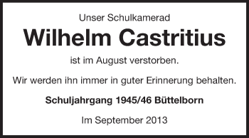 Traueranzeige von Wilhelm Castritius von Rüsselsheimer Echo, Groß-Gerauer-Echo, Ried Echo