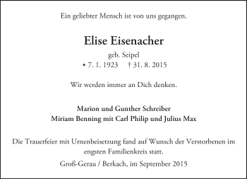 Traueranzeige von Elise Eisenacher von trauer.echo-online.de