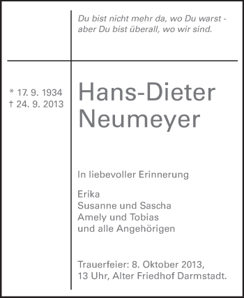 Traueranzeige von Hans-Dieter Neumeyer von Echo-Zeitungen (Gesamtausgabe)