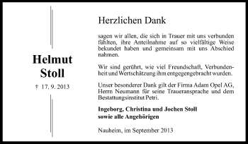 Traueranzeige von Helmut Stoll von Rüsselsheimer Echo, Groß-Gerauer-Echo, Ried Echo