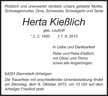 Traueranzeige von Herta Kießlich von Echo-Zeitungen (Gesamtausgabe)