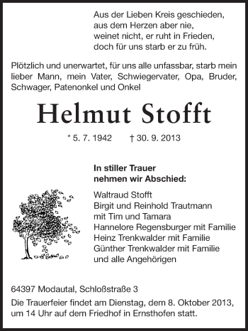 Traueranzeige von Helmut Stofft von Echo-Zeitungen (Gesamtausgabe)