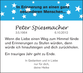 Traueranzeige von Peter Spiesmacher von Odenwälder Echo
