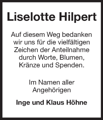 Traueranzeige von Liselotte Hilpert von Odenwälder Echo