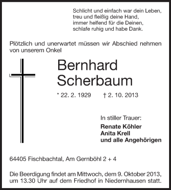 Traueranzeige von Bernhard Scherbaum von Echo-Zeitungen (Gesamtausgabe)