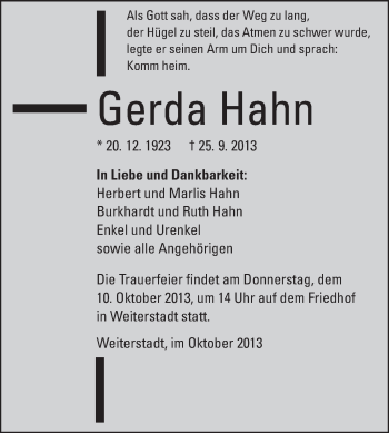 Traueranzeige von Gerda Hahn von Darmstädter Echo, Odenwälder Echo, Rüsselsheimer Echo, Groß-Gerauer-Echo, Ried Echo