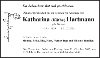 Traueranzeige von Katharina Hartmann von Echo-Zeitungen (Gesamtausgabe)