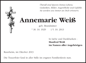 Traueranzeige von Annemarie Weiß von Rüsselsheimer Echo, Groß-Gerauer-Echo, Ried Echo