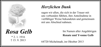 Traueranzeige von Rosa Gelb von Odenwälder Echo