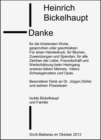 Traueranzeige von Heinrich Bickelhaupt von Echo-Zeitungen (Gesamtausgabe)