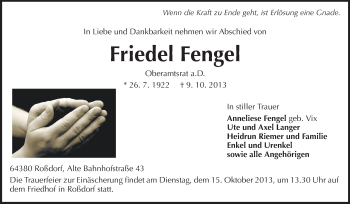 Traueranzeige von Friedel Fengel von Echo-Zeitungen (Gesamtausgabe)