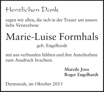 Traueranzeige von Marie-Luise Formhals von Darmstädter Echo, Odenwälder Echo, Rüsselsheimer Echo, Groß-Gerauer-Echo, Ried Echo