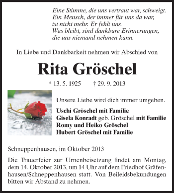 Traueranzeige von Rita Gröschel von Echo-Zeitungen (Gesamtausgabe)