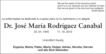 Traueranzeige von Jose Maria Rodriguez Canabal von Echo-Zeitungen (Gesamtausgabe)
