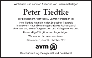 Traueranzeige von Peter Tiedtke von Rüsselsheimer Echo, Groß-Gerauer-Echo, Ried Echo