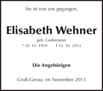 Traueranzeige von Elisabeth Wehner von Rüsselsheimer Echo, Groß-Gerauer-Echo, Ried Echo